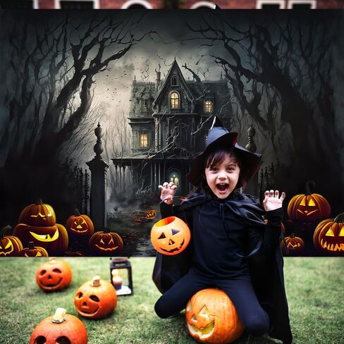 Mocsicka Halloween Photography Backdrop Horrible Graveyard Castle Full Moon Night Background Pumpkin Lantern Iron Gate Gloomy Woods Spooky Halloween Party Decorations Photo Booth Props (7x5ft) in Saudi Arabia
