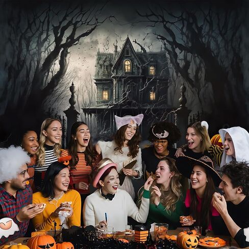 Mocsicka Halloween Photography Backdrop Horrible Graveyard Castle Full Moon Night Background Pumpkin Lantern Iron Gate Gloomy Woods Spooky Halloween Party Decorations Photo Booth Props (7x5ft) in Saudi Arabia