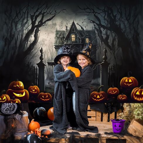 Mocsicka Halloween Photography Backdrop Horrible Graveyard Castle Full Moon Night Background Pumpkin Lantern Iron Gate Gloomy Woods Spooky Halloween Party Decorations Photo Booth Props (7x5ft) in Saudi Arabia