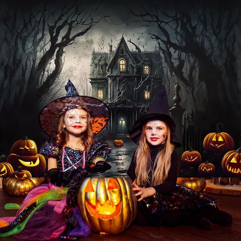 Mocsicka Halloween Photography Backdrop Horrible Graveyard Castle Full Moon Night Background Pumpkin Lantern Iron Gate Gloomy Woods Spooky Halloween Party Decorations Photo Booth Props (7x5ft) in Saudi Arabia