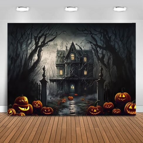 Mocsicka Halloween Photography Backdrop Horrible Graveyard Castle Full Moon Night Background Pumpkin Lantern Iron Gate Gloomy Woods Spooky Halloween Party Decorations Photo Booth Props (7x5ft) in Saudi Arabia