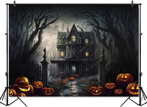 Mocsicka Halloween Photography Backdrop Horrible Graveyard Castle Full Moon Night Background Pumpkin Lantern Iron Gate Gloomy Woods Spooky Halloween Party Decorations Photo Booth Props (7x5ft) in Saudi Arabia