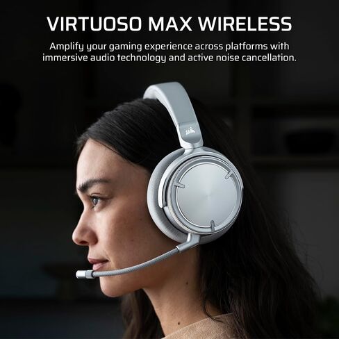سماعة الألعاب اللاسلكية Corsair Virtuoso MAX - دولبي أتموس، Sonarworks SoundID، 2.4 جيجا هرتز لاسلكي، بلوتوث، إلغاء الضوضاء، ميكروفون متعدد الاتجاهات، برامج تشغيل الجرافين 50 مم، الكمبيوتر الشخصي، PS5 - فضي in Saudi Arabia
