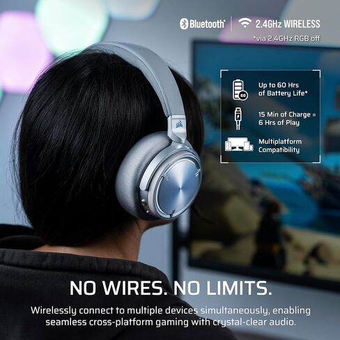 سماعة الألعاب اللاسلكية Corsair Virtuoso MAX - دولبي أتموس، Sonarworks SoundID، 2.4 جيجا هرتز لاسلكي، بلوتوث، إلغاء الضوضاء، ميكروفون متعدد الاتجاهات، برامج تشغيل الجرافين 50 مم، الكمبيوتر الشخصي، PS5 - فضي in Saudi Arabia