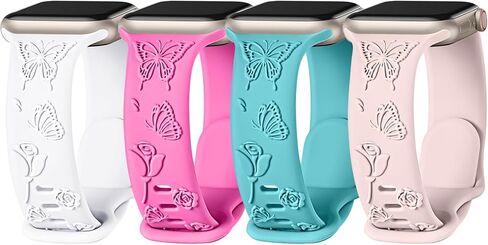 Watbro 4 Pack Floral Engraved Silicone Bands Compatible with Apple Watch Band 38mm 40mm 41mm 42mm 44mm 45mm 49mm Women, Soft Butterfly Charms Strap for iWatch Series 9 8 7 6 5 4 3 2 1 SE Ultra in Saudi Arabia