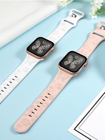 Watbro 4 Pack Floral Engraved Silicone Bands Compatible with Apple Watch Band 38mm 40mm 41mm 42mm 44mm 45mm 49mm Women, Soft Butterfly Charms Strap for iWatch Series 9 8 7 6 5 4 3 2 1 SE Ultra in Saudi Arabia