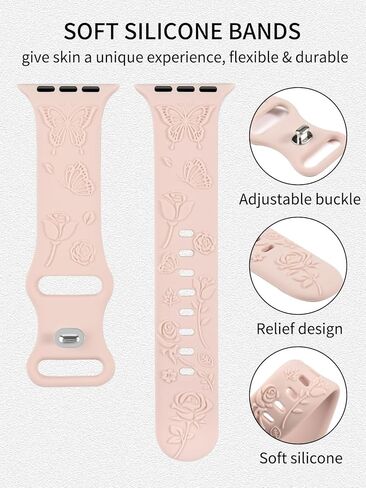 Watbro 4 Pack Floral Engraved Silicone Bands Compatible with Apple Watch Band 38mm 40mm 41mm 42mm 44mm 45mm 49mm Women, Soft Butterfly Charms Strap for iWatch Series 9 8 7 6 5 4 3 2 1 SE Ultra in Saudi Arabia
