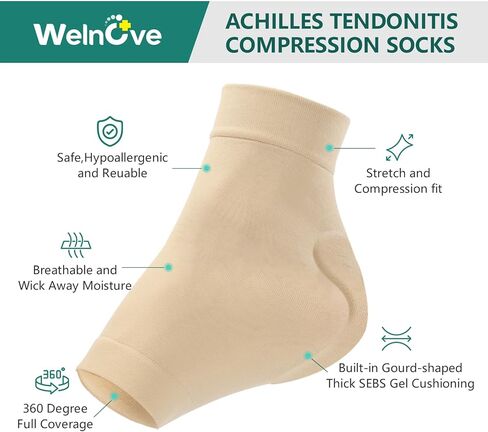 جوارب Welnove Achilles لحماية الكعب من التهاب الأوتار، جوارب مبطنة من الجل المضغوط لدعم وتر العرقوب للوسادة والحماية من التهاب الجراب، والتهاب الأوتار، والحنان، والمشققة الجافة - زوج واحد in Saudi Arabia