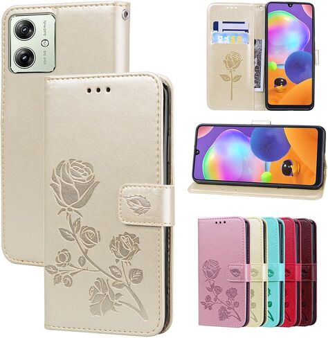 Wallet Case for Motorola G54 5G,Classic Rose Pattern Flip Kickstand PU Leather Case,with Wrist Strap and Cash Card Slots Phone Holster for Moto G54 5G,MG Gold in Saudi Arabia