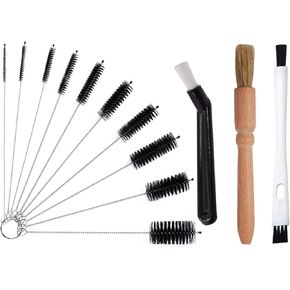 Coffee Brush Set, 13 Pieces Natural Wood & Nylon, Includes Wooden, Plastic, Straw, & Gap Brushes for Espresso Machine Cleaning