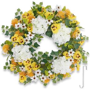 Artificial Sunflower Wreaths for Front Door 22", Spring Summer Door Wreath with Hook, Artificial Daisy White Pink Flower Blue Berries Door Wreaths for All Seasons Outside Wall Home Décor