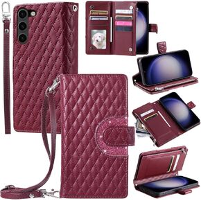 Phone Case for Samsung Galaxy S23 Plus S23+ 5G Wallet Cover with and Crossbody Wrist Strap Shoulder Strap 9+ Card Slots Zipper Purse Stand S23plus 23S + S 23 23+ SM-S916U 6.6 inch Wine Red
