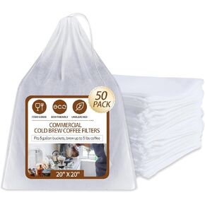 50Pcs Commercial Cold Brew Coffee Filters for 5 Gallon Buckets, 20" X 20" Disposable Coffee Filters with Drawstring for Brew Up To 5 LBS Coffee