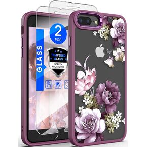 Dretal for iPhone 8 Plus Case, iPhone 7 Plus & 6 Plus Case,Military Grade Drop Tested Hard Back & Soft Edge Slim Flower Women Girls Phone Protective Cover with Tempered Glass Screen Protector (Purple)