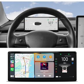 Head Up Display for Tesla Model Y 2019-2024 & Model 3 2017-2023 with Wireless/Wired Carplay Android Auto Bluetooth Synchronous Data Shows The Battery, Mileage, Speed(9 inch)