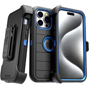 for Apple iPhone 15 Pro (2023) Case with Belt Clip Holster & Kickstand, Screenless Protective Dual-Layer Shockproof Phone Case for iPhone 15 Pro - Black & Blue