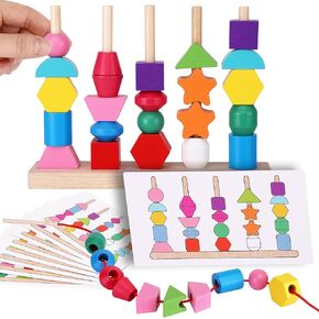 ZQFTZQ Montessori Bead Sequencing Toy Set,Lacing Beads&Stacking Blocks&Matching Shape Colors Stacker,Educational Toddler Toys for 3 4 5 Year Old,STEM Preschool Learning Fine Motor Skills Toys