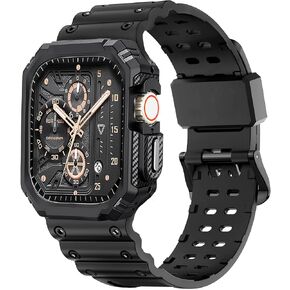 حزام وحافظة متينة لساعة Apple Watch Ultra 2 / Ultra Band 49 مم، إبزيم معدني مزدوج اللسان أسود، متين مقاوم للصدمات، حزام رياضي عسكري iWatch Ultra 49 مم مع غطاء مدرع للرجال