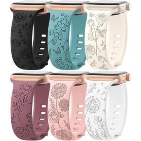 Floral Engraved Band Compatible with Apple Watch Bands for Women 40mm 38mm 41mm 42mm 44mm 45mm 46mm 49mm, 6 Pack Soft Silicone Flower Sport Straps for iWatch Series 10 9 8 7 6 5 4 3 2 1 SE