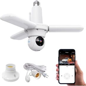 LED Garage Light with Wireless Camera, 2 in 1 Adjustable Floodlight Security Camera with Smart AI Human Detection E26 Socket with Plug and 32.8ft Cord,Motion Sensor,Two-Way Audio,Color Night Vision