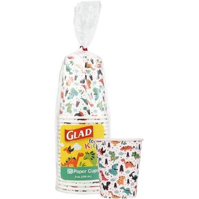 Glad for Kids Dinosaur Paper Cups|20 Count White Paper Cups with Dinosaur Design for Kids|Heavy Duty Disposable Paper Cups for Everyday, 9 Ounces, 20 Count|Dinosaur Birthday Supplies, Dinosaur Cups