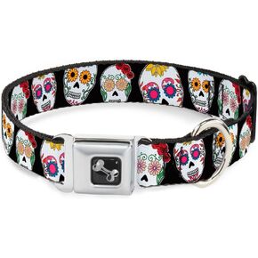 Dog Collar Seatbelt Buckle Sugar Skull Outline Black Multi Color 9 to 15 Inches 1.0 Inch Wide, DC-W34543-S