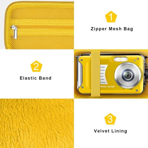 Canboc Waterproof Camera Case for YISENCE/Yiffecal/SPUNALP/EUXOR Waterproof Digital Camera, 4K Underwater Camera Bag, Mesh Pocket fits USB Cable, Batteries, Yellow (Case Only) in Kuwait