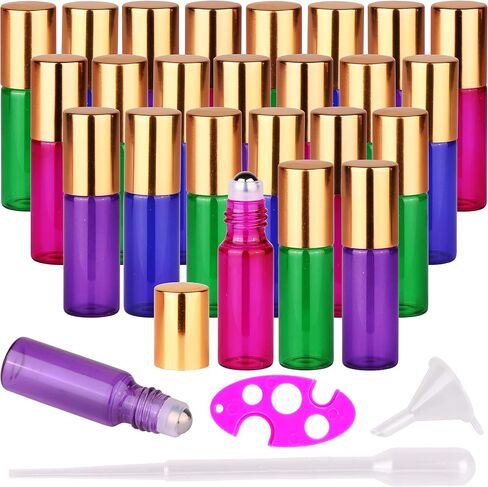 maxmau Roller Bottles for Essential Oil, 24pcs 5ml Roll on Bottle Clear Glass Sample Test Refillable with Opener Funnel Dropper Golden Cap For Home Travel in Kuwait