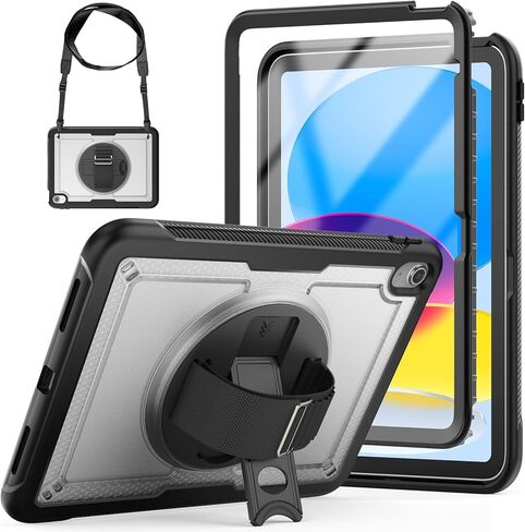 حافظة لجهاز iPad الجيل العاشر 10.9 بوصة، مع شريط يد قابل للتعديل [حزام يد يدور 360 درجة] وحامل، غطاء خلفي خفيف الوزن لجهاز iPad 10.9 بوصة 2022 [A2696/A2757/A2777] (أسود) in Saudi Arabia