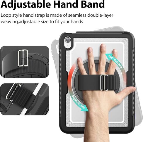 حافظة لجهاز iPad الجيل العاشر 10.9 بوصة، مع شريط يد قابل للتعديل [حزام يد يدور 360 درجة] وحامل، غطاء خلفي خفيف الوزن لجهاز iPad 10.9 بوصة 2022 [A2696/A2757/A2777] (أسود) in Saudi Arabia