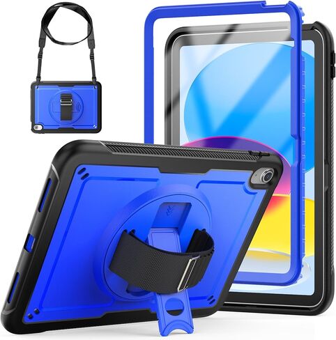 حافظة لجهاز iPad الجيل العاشر 10.9 بوصة، مع شريط يد قابل للتعديل [حزام يد يدور 360 درجة] وحامل، غطاء خلفي خفيف الوزن لجهاز iPad 10.9 بوصة 2022 [A2696/A2757/A2777] (أسود) in Saudi Arabia