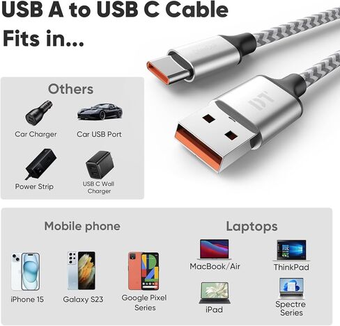 كابل USB A إلى USB C بطول 6 أقدام، 2 حزمة، شحن سريع 60 واط (3A 20 فولت) USBA إلى USBC، سلك CarPlay لمنفذ C لنقل البيانات بسرعة 480 ميجا بت في الثانية لهاتف iPhone 15/Pro/Max، وسلسلة Galaxy، وسلسلة Pixel، وiPad، والشاحن والمزيد in Saudi Arabia