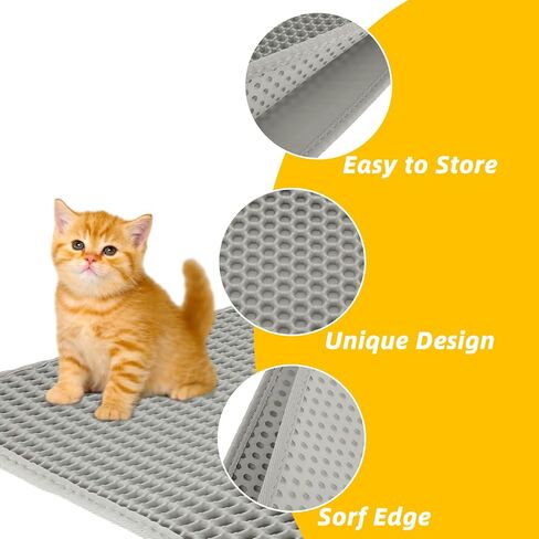 قطعتان من سجادة فضلات القطط - سجادة محاصرة فضلات مزدوجة الطبقات على شكل قرص العسل، سجادة صندوق القطط باللون الرمادي، يمكن غسلها في الغسالة، غير قابلة للانزلاق، تحكم في التناثر (30 × 22 بوصة) in Kuwait