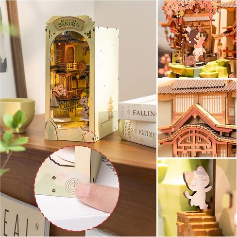 مجموعات زاوية كتاب Rowood للبالغين، رف الكتب، إدراج ديكور زقاق 3D لغز خشبي Bookend DIY Craft Kits للبالغين مع ضوء LED - Sunshine Town in Kuwait