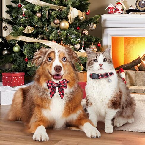 Christmas Dog Collar, Adjustable Cotton Pet Collar with Bow for Small Medium Large Dogs Pets (Red Plaid, Medium) in Saudi Arabia