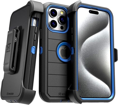 for Apple iPhone 15 Pro (2023) Case with Belt Clip Holster & Kickstand, Screenless Protective Dual-Layer Shockproof Phone Case for iPhone 15 Pro - Black & Blue in Saudi Arabia