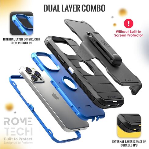 for Apple iPhone 15 Pro (2023) Case with Belt Clip Holster & Kickstand, Screenless Protective Dual-Layer Shockproof Phone Case for iPhone 15 Pro - Black & Blue in Saudi Arabia