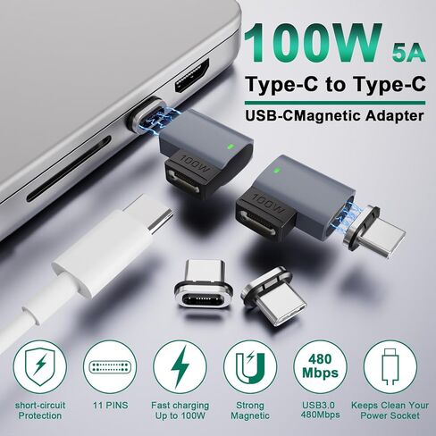 محول مغناطيسي USB C (عبوة واحدة)، محول مغناطيسي 11 دبوس من النوع C بزاوية قائمة، يدعم الشحن السريع USB PD بقوة 100 وات، سرعة نقل 480 ميجابت في الثانية، متوافق مع MacBook Pro/Air ومعظم أجهزة USB C in Kuwait