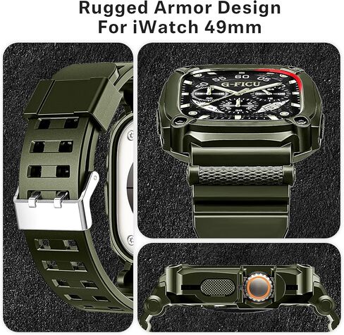 Rugged Protective Band and Case for Apple Watch Ultra 2 / Ultra Band 49mm, Metal Double Tongue Buckle Black, Shockproof Durable Bumper Military Sport iWatch Ultra 49mm Strap with Armor Cover Case for Men in Kuwait