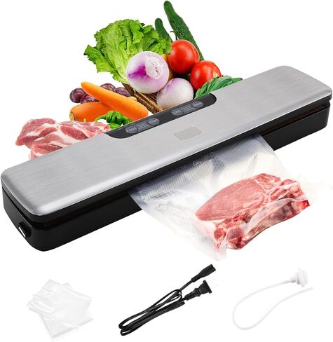 Vacuum Sealer Machine for Food Saver, Dry/Moist Modes with Automatic Air Sealing System,Stainless Steel ,Compact Design with 15 Vacuum Seal Bags & 1 Air Suction Hose, Silver in Saudi Arabia