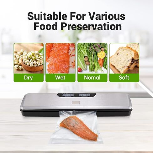 Vacuum Sealer Machine for Food Saver, Dry/Moist Modes with Automatic Air Sealing System,Stainless Steel ,Compact Design with 15 Vacuum Seal Bags & 1 Air Suction Hose, Silver in Saudi Arabia