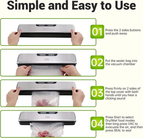 Vacuum Sealer Machine for Food Saver, Dry/Moist Modes with Automatic Air Sealing System,Stainless Steel ,Compact Design with 15 Vacuum Seal Bags & 1 Air Suction Hose, Silver in Saudi Arabia