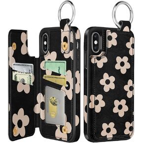 Shorogyt for iPhone XR Wallet Case with Card Holder - Designer Flower Cat Pattern Kickstand Magnetic Clasp Back Flip Folio Leather Phone Cases for Women Men Girls for iPhone XR