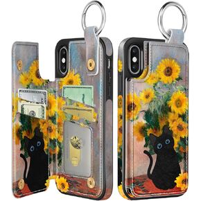 Shorogyt for iPhone XR Wallet Case with Card Holder - Designer Flower Cat Pattern Kickstand Magnetic Clasp Back Flip Folio Leather Phone Cases for Women Men Girls for iPhone XR