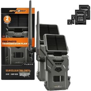 SPYPOINT Flex-S Solar Cellular Hunting Trail Camera (2pk), Integrated Solar Panel, On-Demand Capable, LTE Connectivity, 100-foot Flash/Detection Range, Internal Battery + Two SD Cards