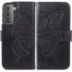 MEUPZZK Wallet Case for Samsung Galaxy S21+/S21 Plus, Embossed Butterfly Flower Premium PU Leather [Folio Flip][Kickstand][Card Slots][Wrist Strap][6.7 inch] Cover for Samsung S21 Plus (A-Grey)