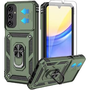 for Galaxy A15 5G Phone Case,with HD Screen Protector ,[Slide Camera Cover], Military Grade Rugged Drop Protective Case with Magnetic Shockproof Kickstand for Samsung Galaxy A15 5G (Olive Green)