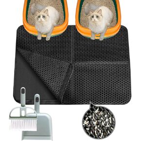 Foldable Cat Litter Mat, 1 Pack Large 30x22 inch Double Layer Waterproof Urine Proof Honeycomb Cat Litter Trap Mat Cat Litter Mat Litter Trapping Mat with Dustpan & Brush Set Litter Mat