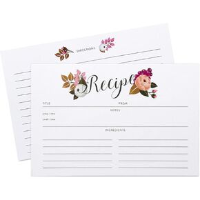 Recipe Cards and Box Set - 24 4x6 Recipe Cards - Sturdy Tin Box - Sleek Black with Gold Finish and Floral Print - Store and Protect your Favorite Recipes