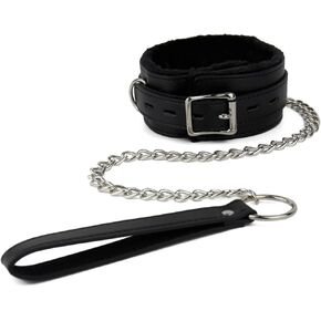 PU Leather Choker Collar for Women with Long Traction Chain Rugged Durable and Collar Necklace Size Adjustable Black